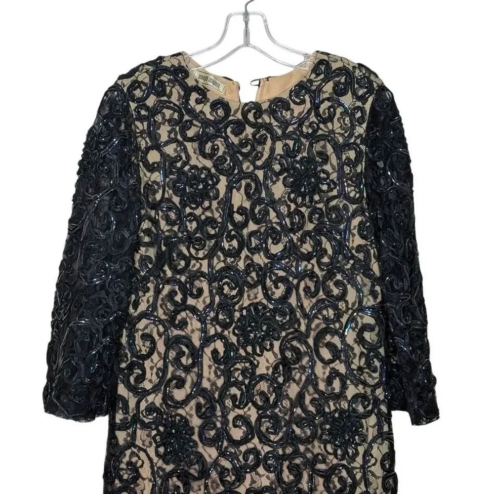 Vintage Joseph Magnin Black Tan 3/4 Sleeve Shift Mini Dress Size 9-10 Lace 60s_2